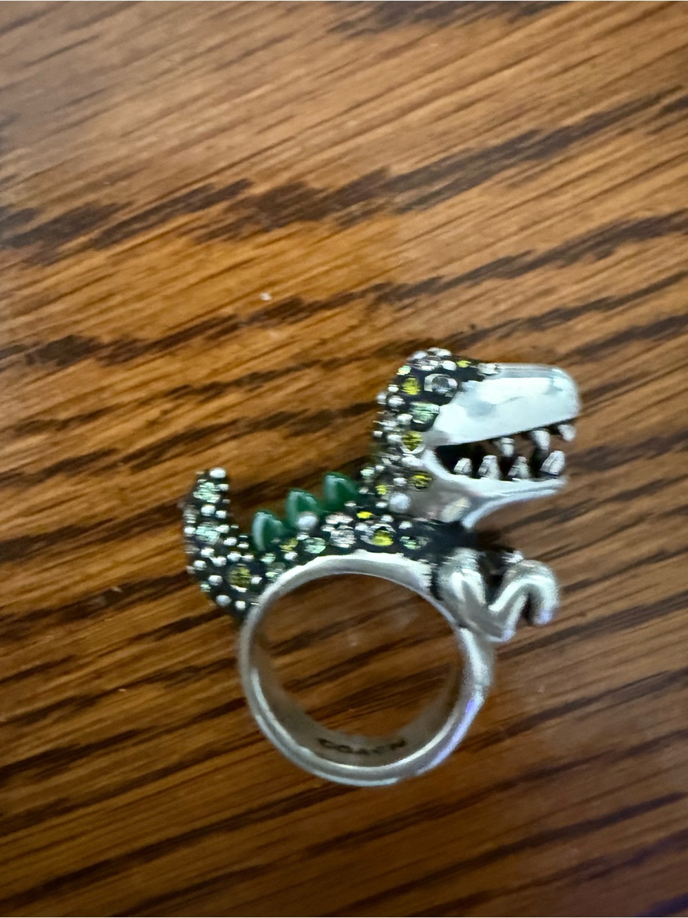 Coach Silver T-Rex Ring with Green Accents - Women Jewelry